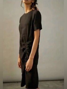 STATESIDE Vivienne linen dress with gather detail, black, size XL